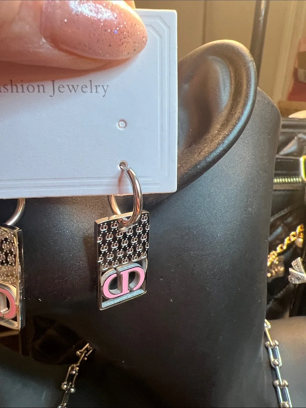 Silver-Tone Earrings with Pink Logo Accent